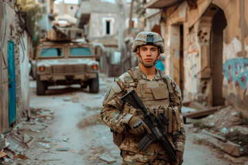 Wall Mural - Soldier on patrol in urban warzone with military vehicle in background