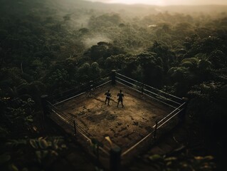 Aerial View of Two People Practicing Martial Arts in an Isolated Outdoor Ring Surrounded by Dense Forest