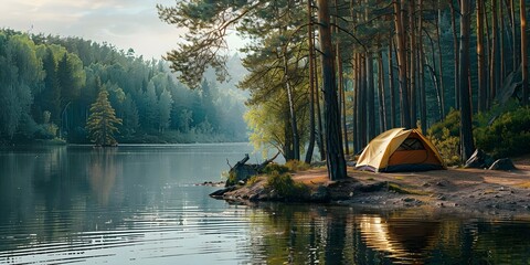 Wall Mural - Campsite with a tent pitched in the woods by a scenic lakeside. Concept Nature, Camping, Outdoors, Adventure, Scenic Beauty