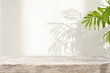 © didecs - Blank wooden table space with green houseplant leaves in sunlight shadow on abstract stucco wall background