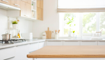 Wall Mural - space for product montage on wooden table top over blurred kitchen counter interior background
