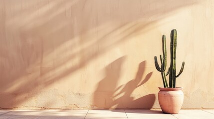 Canvas Print - Large cactus in pot beside beige wall