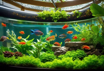 aquaponics system fish plants symbiotic environment, water, roots, nutrient, cycle, cultivation, organic, gardening, aquaculture, sustainable, ecosystem