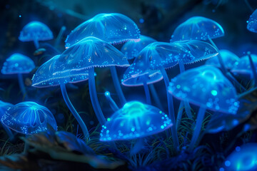 Wall Mural - Beautiful magic mushrooms in the fantasy forest at night