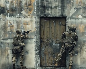 Two soldiers break through a metal door into a concrete bunker