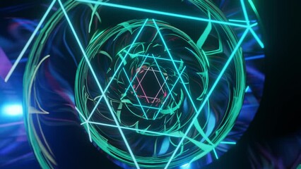 Wall Mural - Abstract background 3D animation moving through shiny glass metal and neon lights tunnel, loop