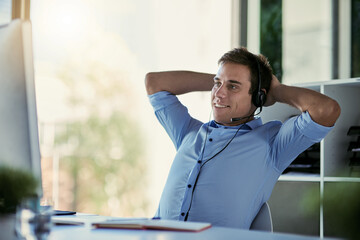 Poster - Customer service, call center and business man on break in office for communication, online help and consulting. Corporate, relax and person with headset for contact, crm support and telemarketing