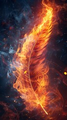 Sticker - Fiery Phoenix Feather Glowing with Intense Colors on Dramatic Fire Background