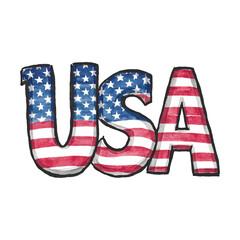 Wall Mural - USA lettering with american flag pattern inside. Hand drawn watercolor illustration