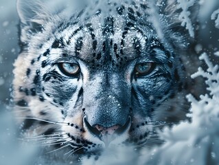 Sticker - Majestic Snow Leopard Blending Into Icy Habitat  Piercing Eyes Gazing Through Dramatic Winter Landscape