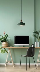 Wall Mural - Modern home office interior with mint green wall, desk and computer mock up, simple decor, professional work space concept