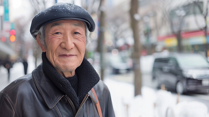 Wall Mural - Happy older asian man in winter