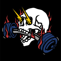 Wall Mural - vector illustration tracing artwork of The skull bites the barbell and the eyes pop out with lightning. Can be used as Logo, Brands, Mascots, tshirt, sticker,patch and Tattoo design.