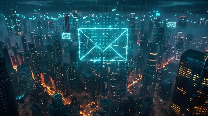 Wall Mural - Email Icon in a Futuristic Digital Cityscape Symbolizing Urban Communication and Connectivity