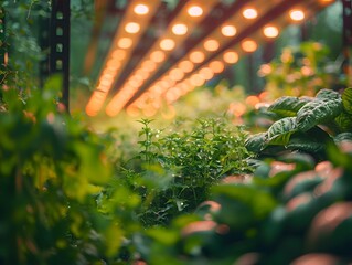 Poster - Thriving Vertical Farm with LED Grow Lights   Sustainable Urban Farming Concept with Lush Vegetation and Controlled Lighting