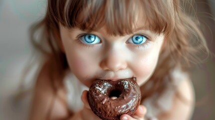 A young girl is eating a chocolate donut