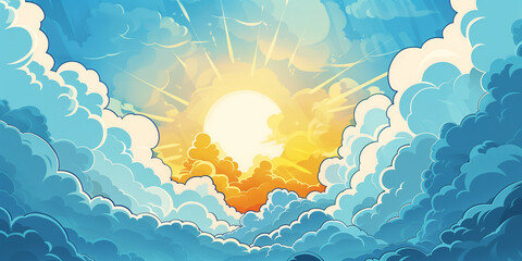Wall Mural - Illustration of the sun and clouds on a blue sky background