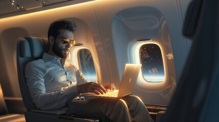 Wall Mural - Portrait of handsome bearded businessman using laptop while enjoying flight in first class