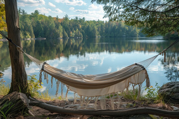 Poster - Empty hammock by a lakeside with a scenic view