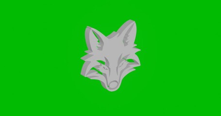 Poster - Animation of rotation of a white fox's head symbol with shadow. Simple and complex rotation. Seamless looped 4k animation on green chroma key background