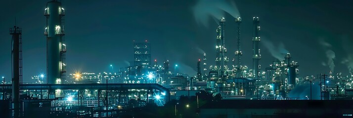 Nighttime view of an oil refinery and petrochemical plant with towering structures illuminated against the dark sky, representing the industrial landscape of the oil industry.
