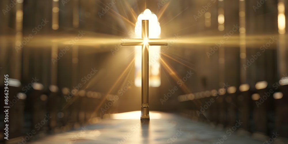 Radiant Christian cross shining within church interior. Concept Religious symbol, Christian faith, Church interior, Illuminated cross, Spiritual enlightenment