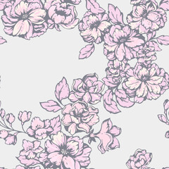 Wall Mural - Pastel seamless pattern with blooming stylized in a many kinds wild flowers. Abstract artistic floral stems printing on a light background. Vector hand drawing illustration. Design for fabric,