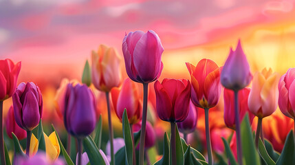 Wall Mural - Close-up of colorful tulips in full bloom during sunset, showcasing vibrant reds, pinks, and purples against a soft, glowing sky.