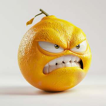 A cartoonish, angry orange fruit with exaggerated facial features, illustrating a humorous and animated concept.