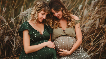 Wall Mural - Two pregnant women sitting in a field, embracing and smiling with a soft focus background.