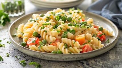 Wall Mural - Creamy Pasta Primavera. A plate of pasta mixed with colorful spring vegetables, all coated in a creamy parmesan sauce