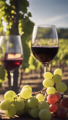 Wall Mural - Illustration of glasses of wine with a bottle and grapes in a vineyard