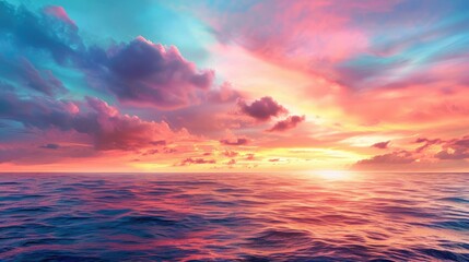 Wall Mural - Vivid sunset sky above the ocean Image representing cloudy skies at sea during sunrise and sunset