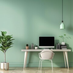 Wall Mural - Modern home office interior with mint green wall, desk and computer mock up, simple decor, professional work space concept