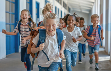 Wall Mural - A group of happy children running down the hallway in their school, wearing backpacks and smiling with joy as they run together towards the camera.