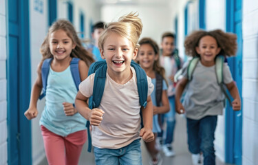 Wall Mural - A group of happy children running down the hallway in their school, wearing backpacks and smiling with joy as they run together towards the camera.