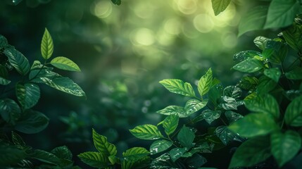 Wall Mural - A lush green forest with leaves that are wet