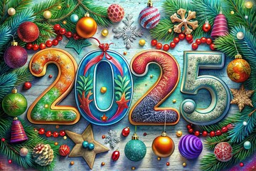 Wall Mural - New Year 2025 Creative Design Concept. Color text 2025, Christmas ornaments and garland on light background, snowflakes