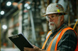 © Purple_Lamp - Industrial Worker Wearing Safety Gear and Holding Clipboard in Factory Setting