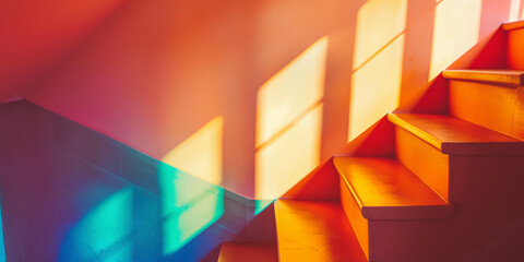 Poster - Vivid Colorful Staircase with Sunlight and Shadows in Modern Interior