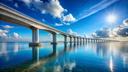 Sleek modern bridge with clean lines and minimalist design connecting two lands over serene blue water against a bright sunny sky with few clouds.