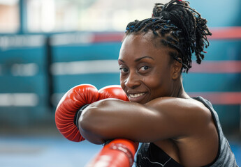 Wall Mural - an attractive black woman in her early thirties, smiling and posing on the ropes of a boxing ring with boxing gloves on both hands