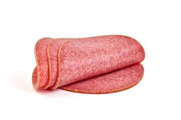 Canvas Print - Thin salami sausage slices, isolated on white background.