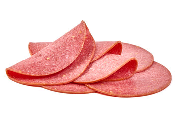 Wall Mural - Thin salami sausage slices, isolated on white background.