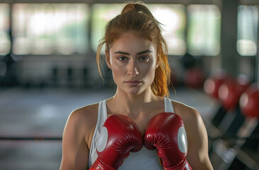 Wall Mural - an attractive woman in her early thirties practicing boxing with red gloves at the gym, white tank top and ponytail hair style