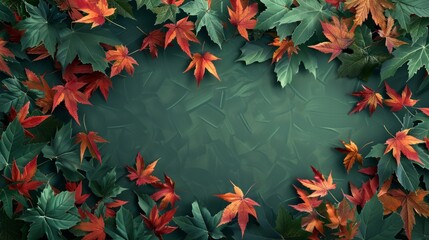 Wall Mural - The wallpaper features maple leaves arranged with space for letters, on a green background.