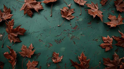 Wall Mural - The wallpaper features maple leaves arranged with space for letters, on a green background.
