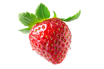 Sticker - A fresh and juicy strawberry with green leaves isolated on a white transparent background.