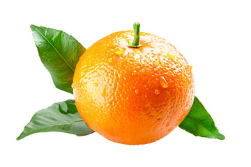 Wall Mural - Fresh tangerine fruit with dew drops and green leaves isolated on white transparent background.