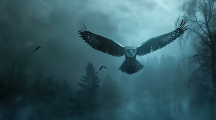 Owl flying in magical forest, bioluminescence.